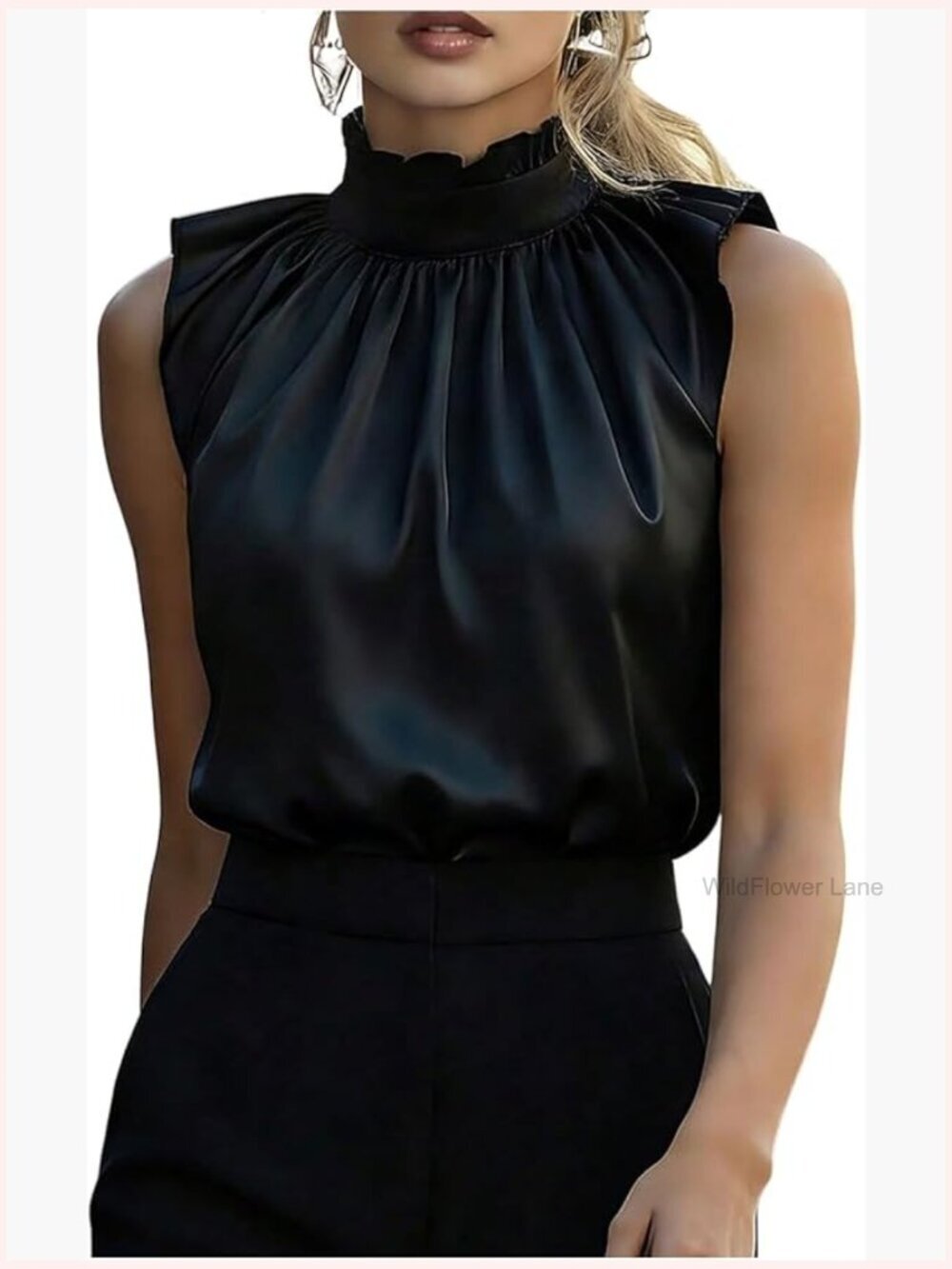 Elegant Satin Blouse Mock Neck Sleeveless Pleated Top Work Shirt Business Casual